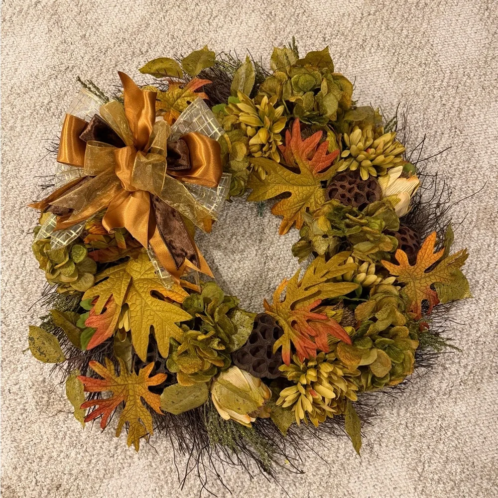 Autumn Oak & Hydrangea Fall Wreath with Gold Brown Bow